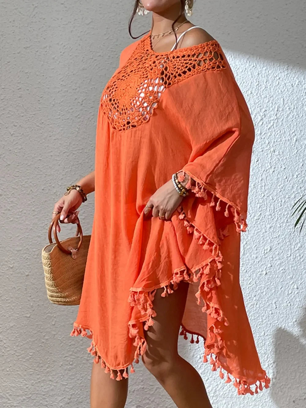 Tassel Cutout Scoop Neck Cover Up Dress One Size - Southern Shores Clothing