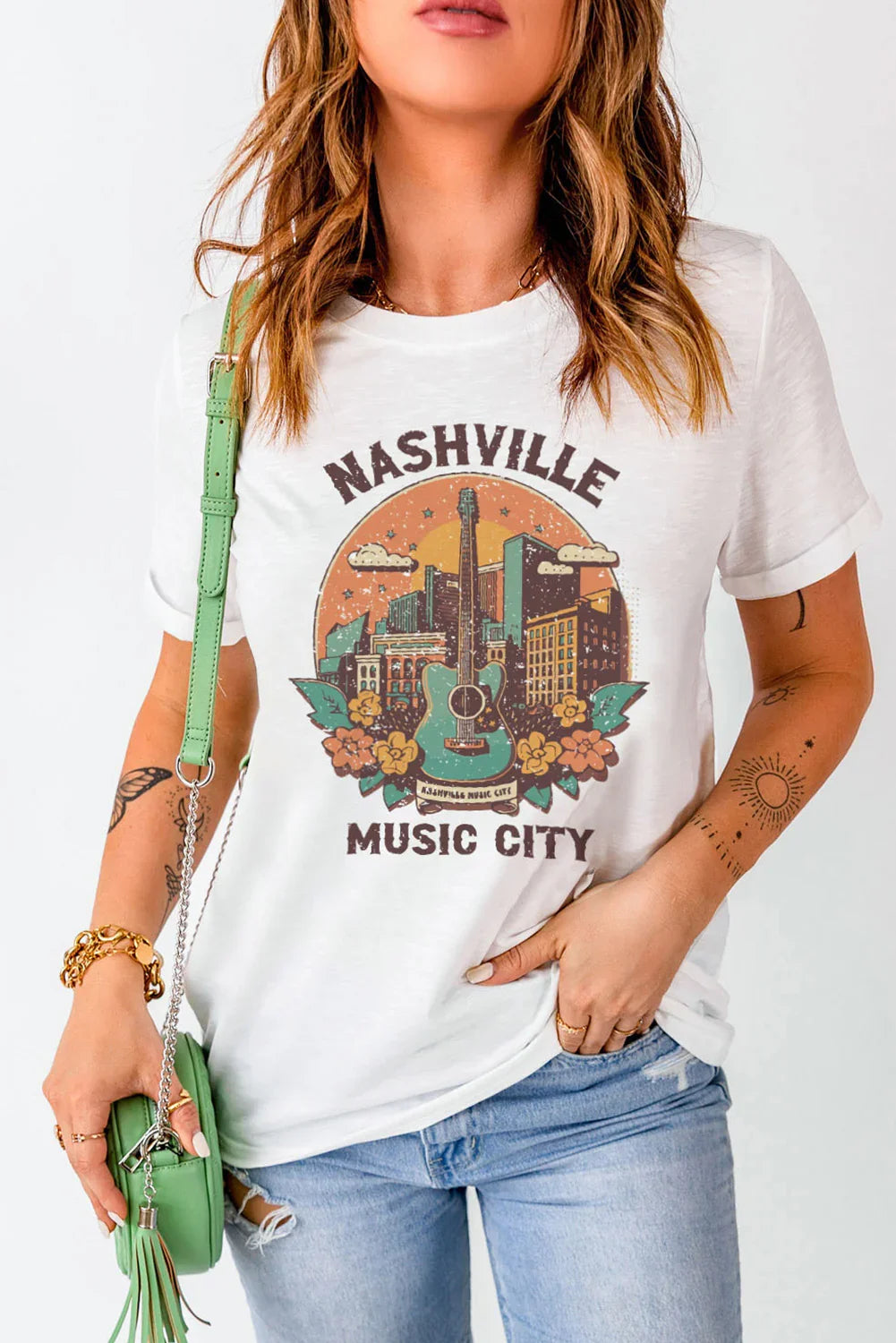Nashville Music City Graphic Round Neck Stretchy Tee - Southern Shores Clothing