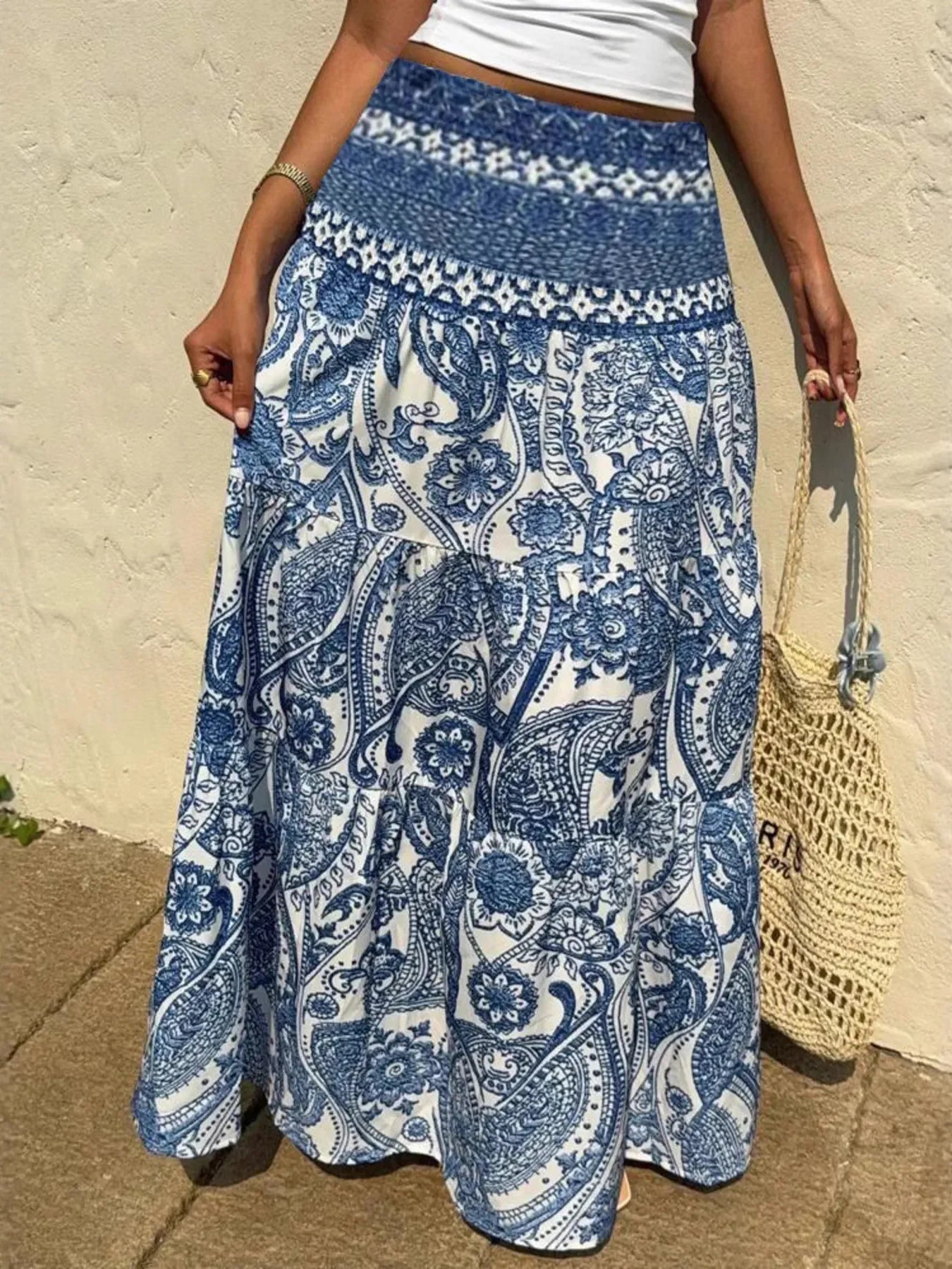 Smocked Printed Tiered Maxi Skirt Flowing Silhouette - Southern Shores Clothing