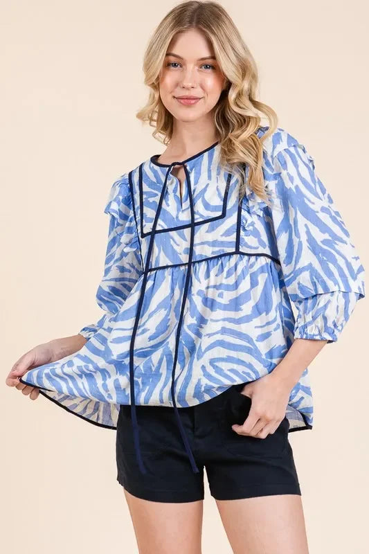 Graphic Print Quarter Sleeve Blouse With Solid Trim - Southern Shores Clothing