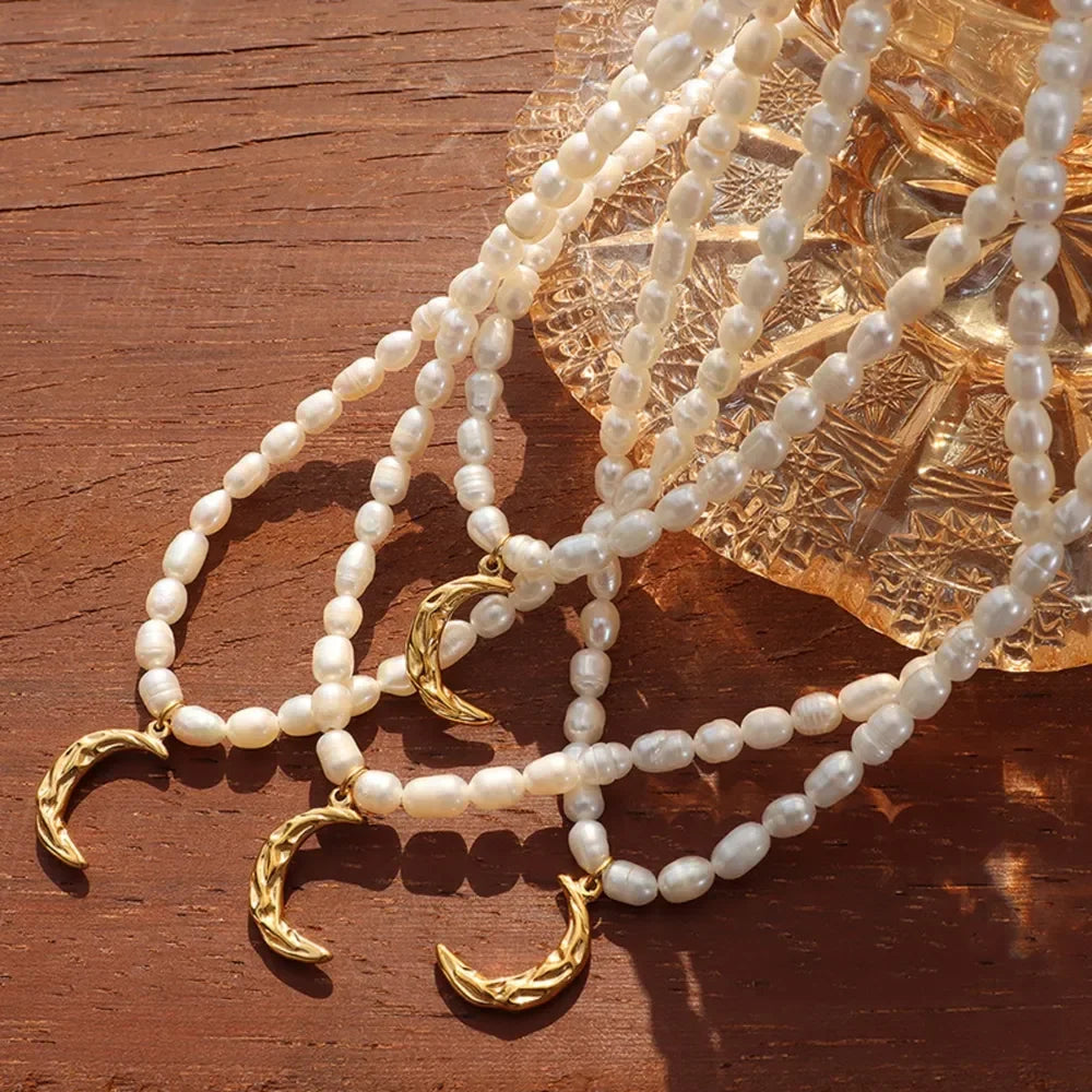 Freshwater Pearl Moon Pendant Necklace Titanium Steel Chain - Southern Shores Clothing