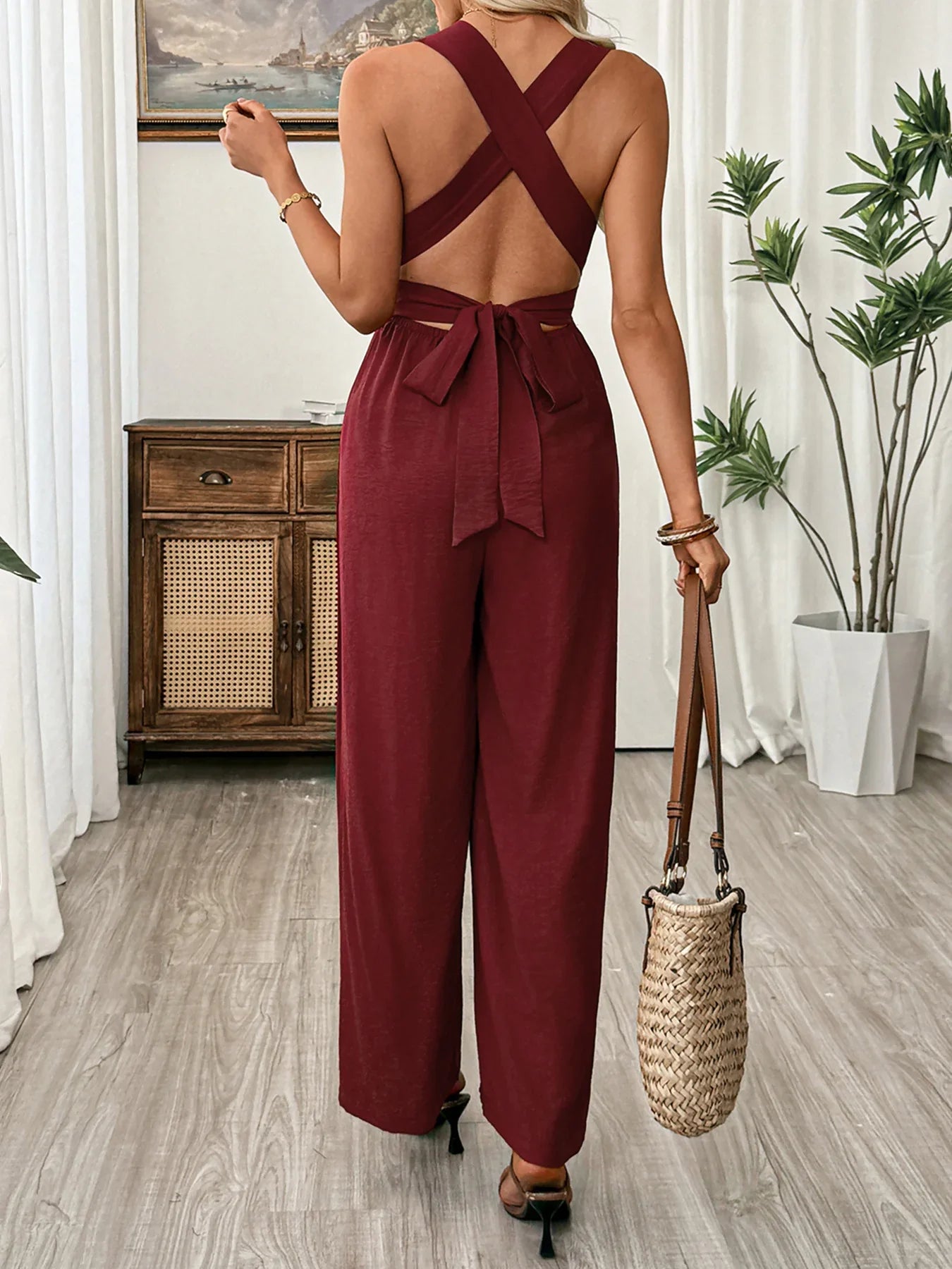 V Neck Sleeveless Wide Leg Jumpsuit Crisscross - Southern Shores Clothing