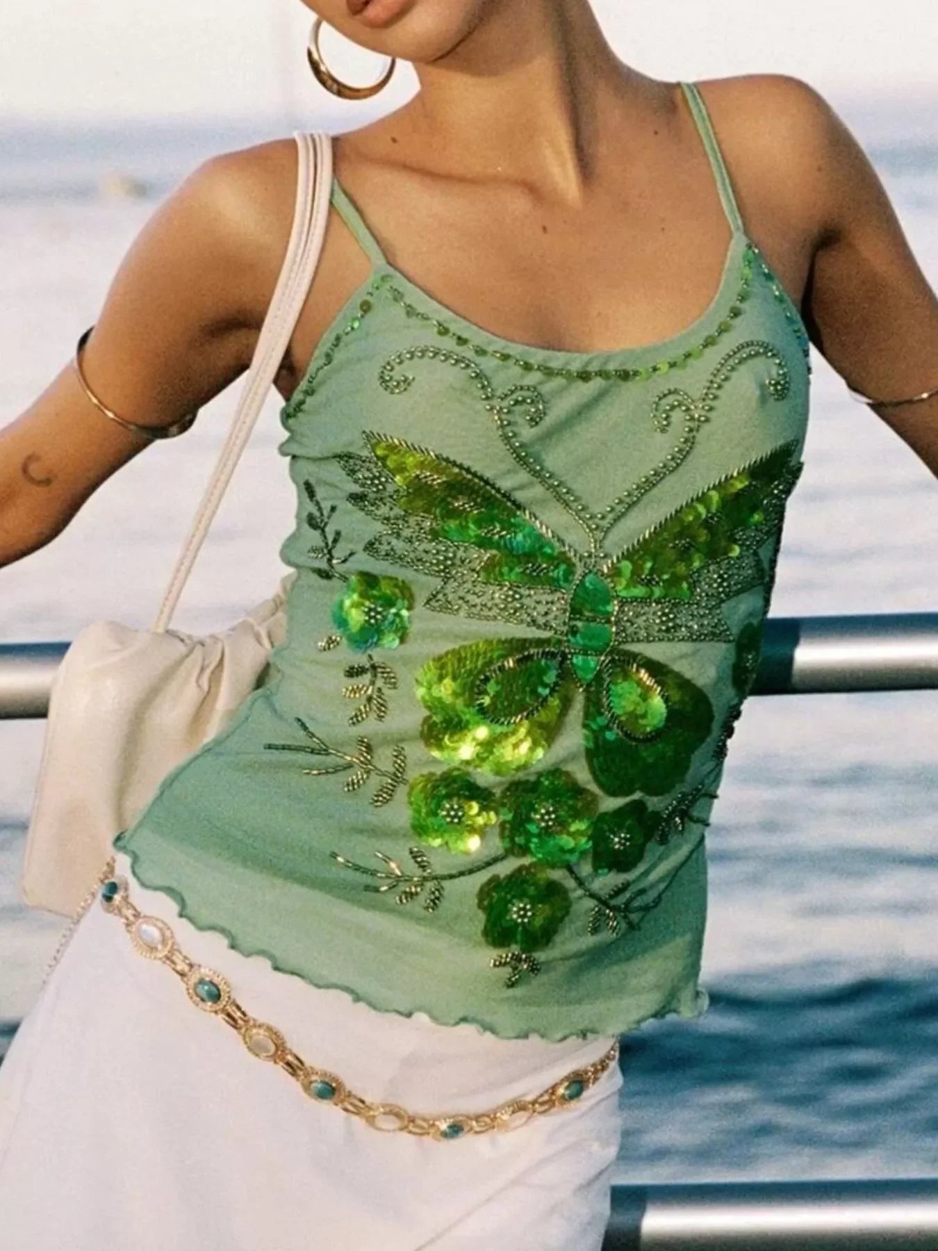 Butterfly Embellished Slim Fit Cami With Embroidery And Sequins - Southern Shores Clothing