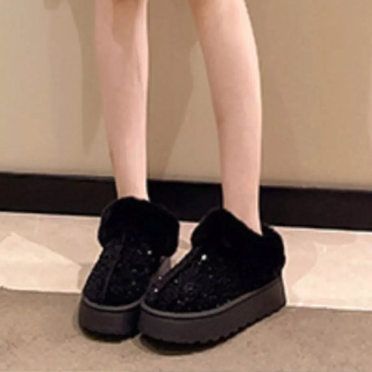 Sequined Round Toe Platform Boots With Faux Fur Trim - Southern Shores Clothing