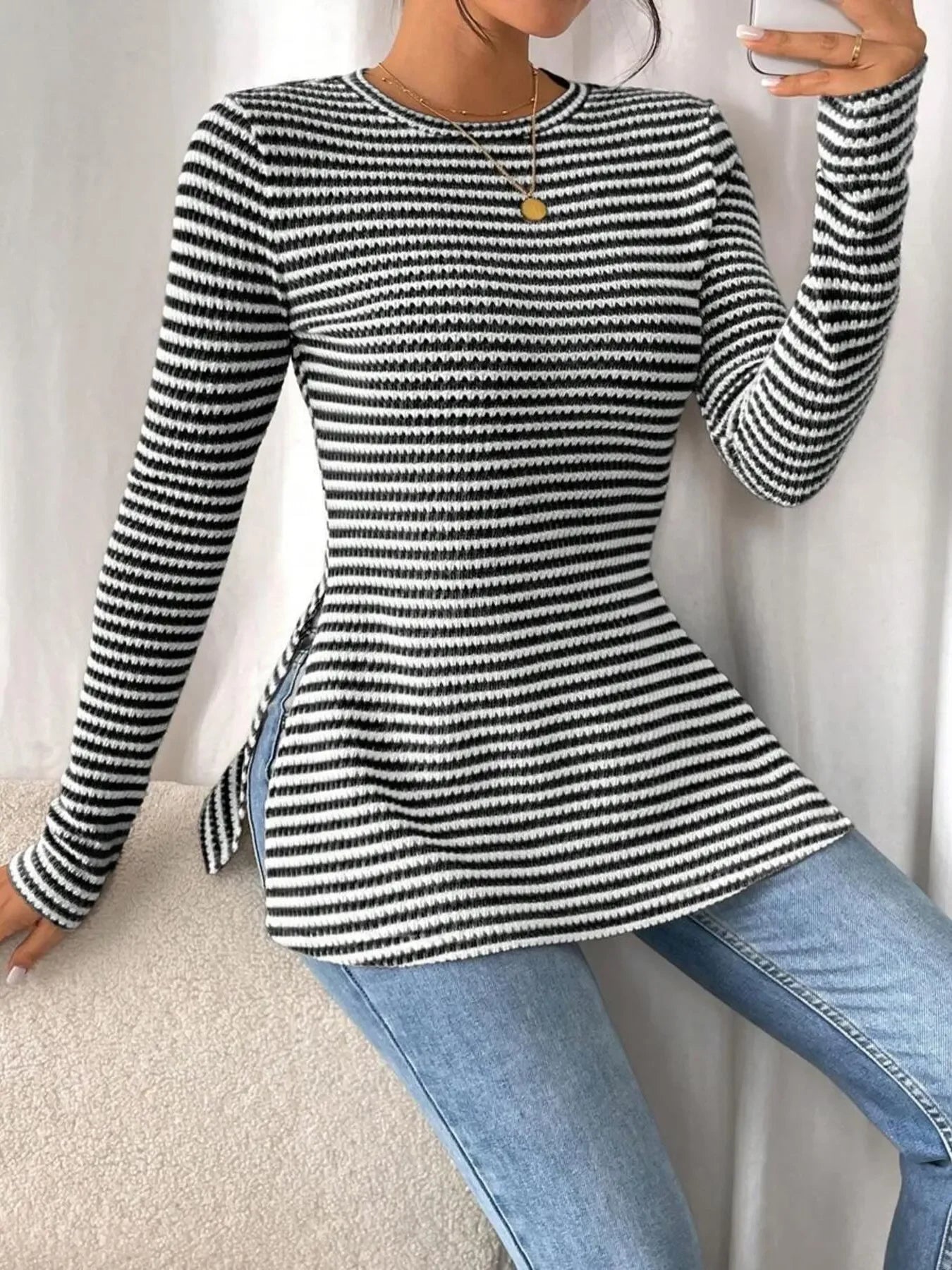 Side Slit Striped Long Sleeve T-Shirt - Southern Shores Clothing