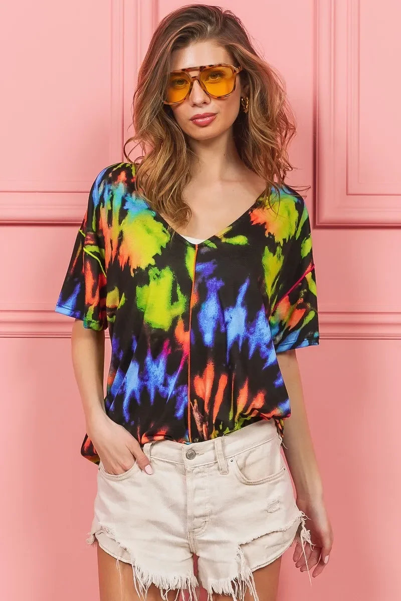 Tie Dye Print Jersey V Neck Top With Relaxed Fit - Southern Shores Clothing