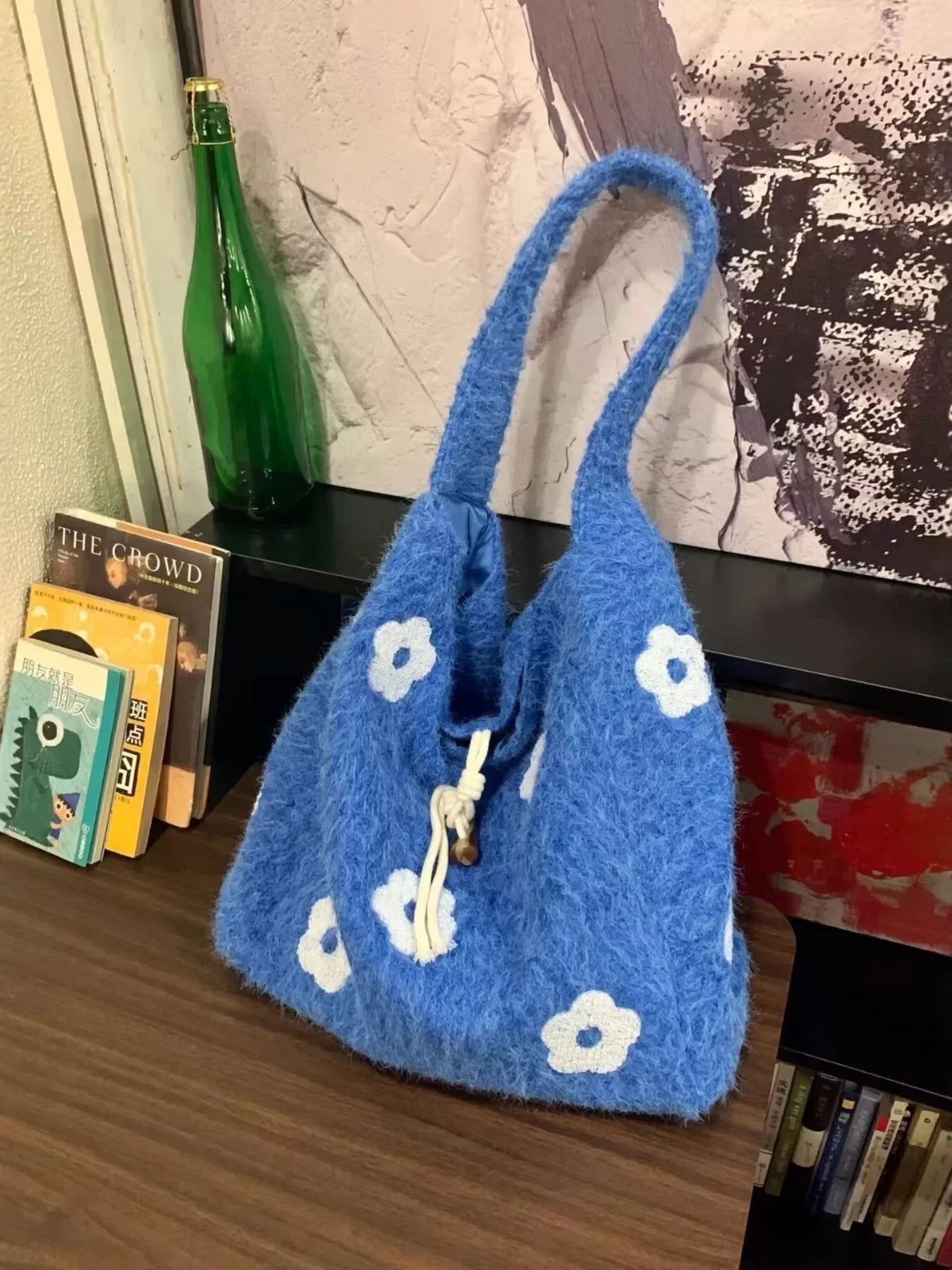 Floral Fuzzy Knit Tote Bag With Plush Finish - Southern Shores Clothing