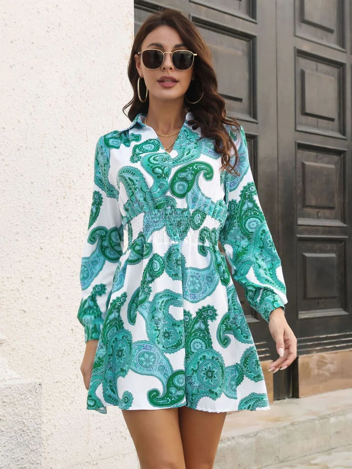 Paisley Print Johnny Collar Smocked Dress - Southern Shores Clothing