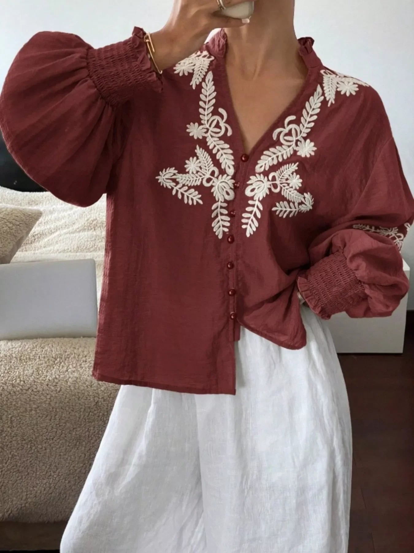 Southern Shores Elegant Embroidered Long Sleeve Buttoned Polyester Blouse With Je T'aime Design - Southern Shores Clothing