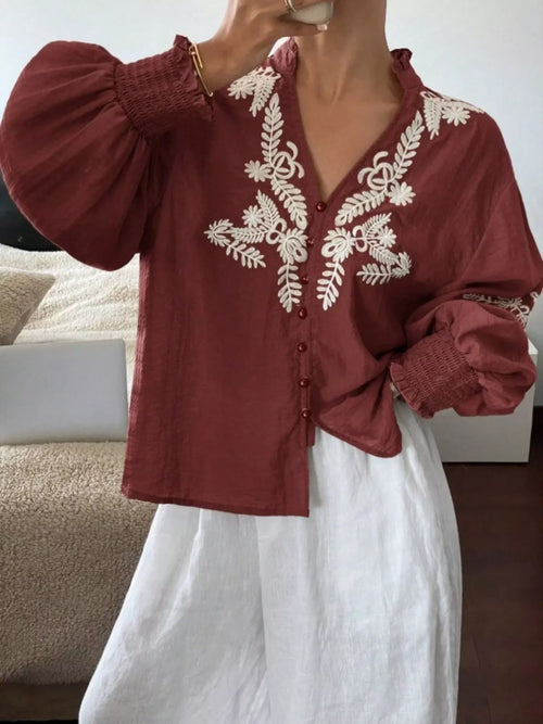 Southern Shores Elegant Embroidered Long Sleeve Buttoned Polyester Blouse With Je T'aime Design - Southern Shores Clothing
