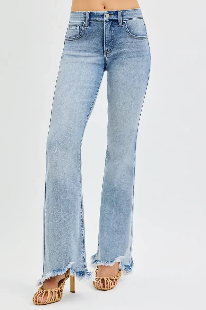Tummy Control Mid Rise Flare Jeans Plus Size Fray Hem - Southern Shores Clothing