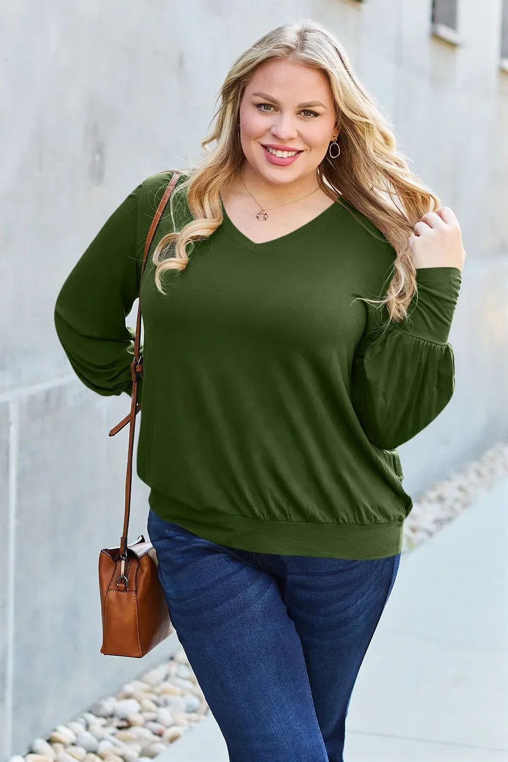 V Neck Lantern Sleeve Top Lightweight Stretch - Southern Shores Clothing