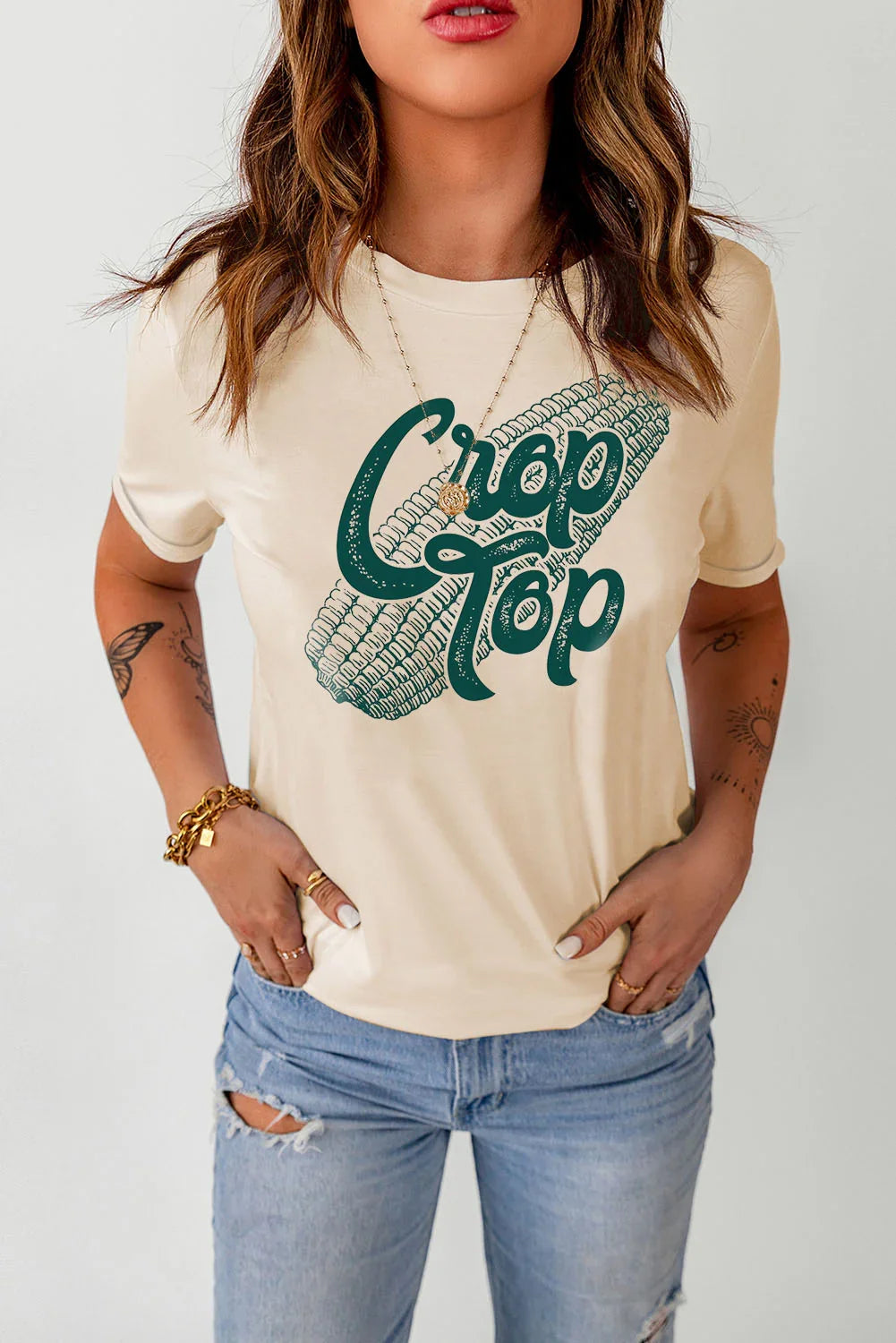 Corn Letter Graphic Cuffed Short Sleeve T Shirt - Southern Shores Clothing