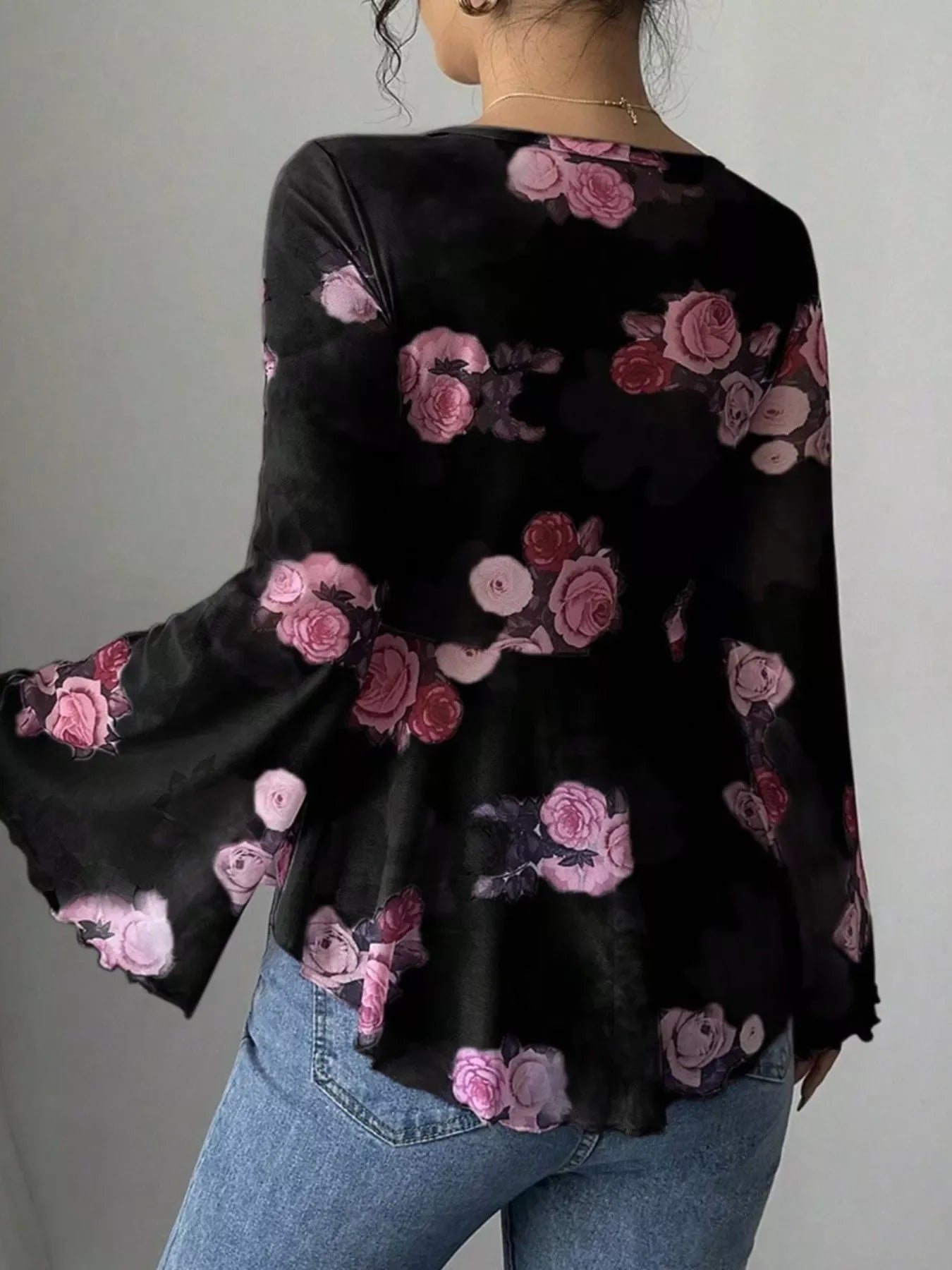 Floral Print Tie Front Flare Sleeve Blouse - Southern Shores Clothing