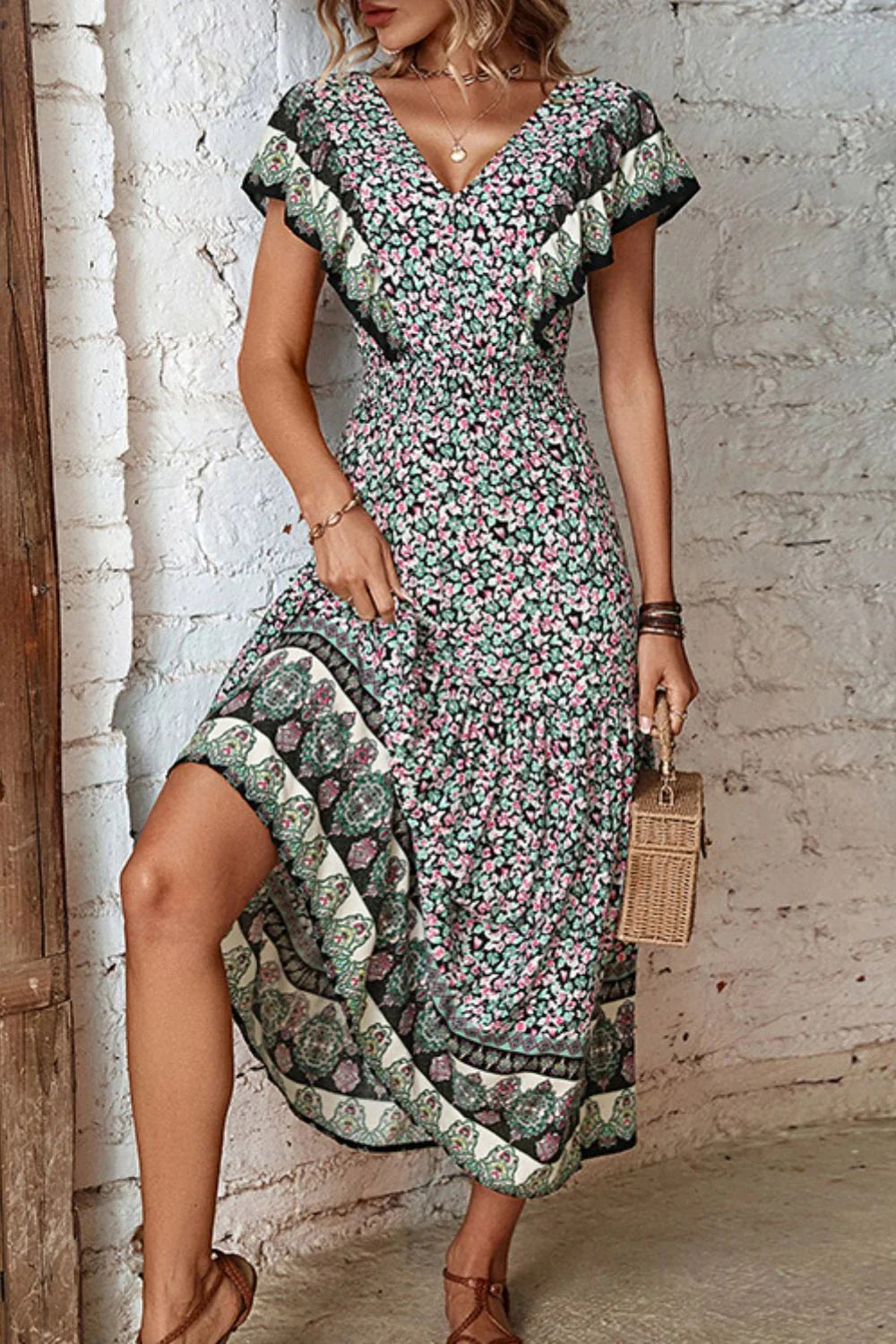 Ditsy Floral Ruffled Plunge Midi Casual Dress - Southern Shores Clothing