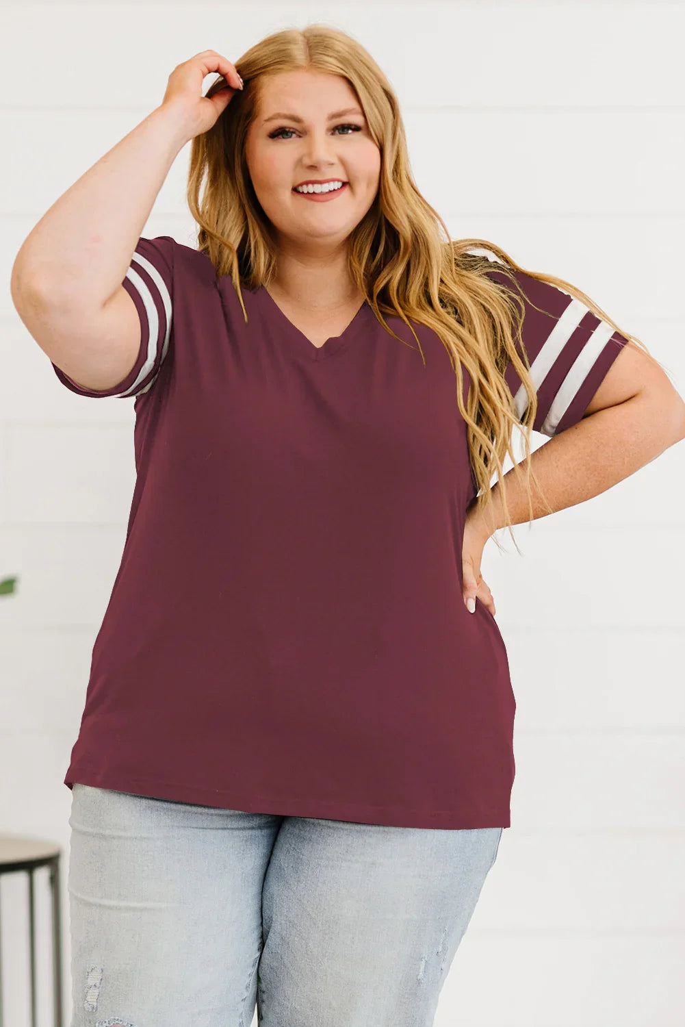 Plus Size Striped V-Neck Short Sleeve T-Shirt - Southern Shores Clothing