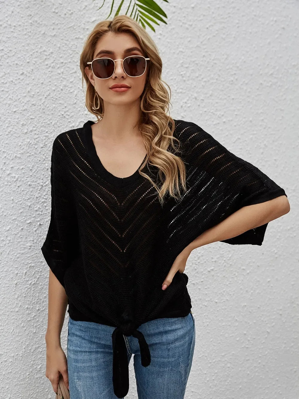 Openwork Batwing Sleeve Cover-Up Stretch Fabric - Southern Shores Clothing