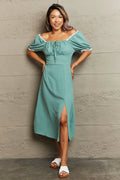 Perfee Swiss Dot Slit Off-Shoulder Dress - Southern Shores Clothing