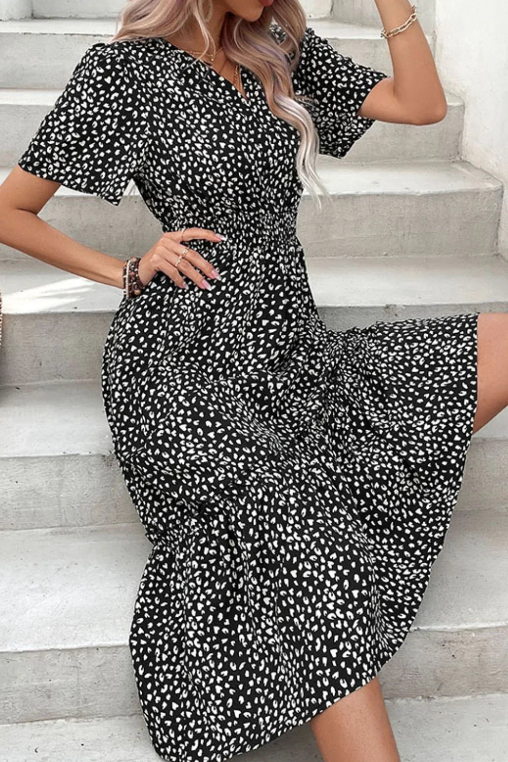 Perfee Leopard Print Short Sleeve Midi Dress - Southern Shores Clothing