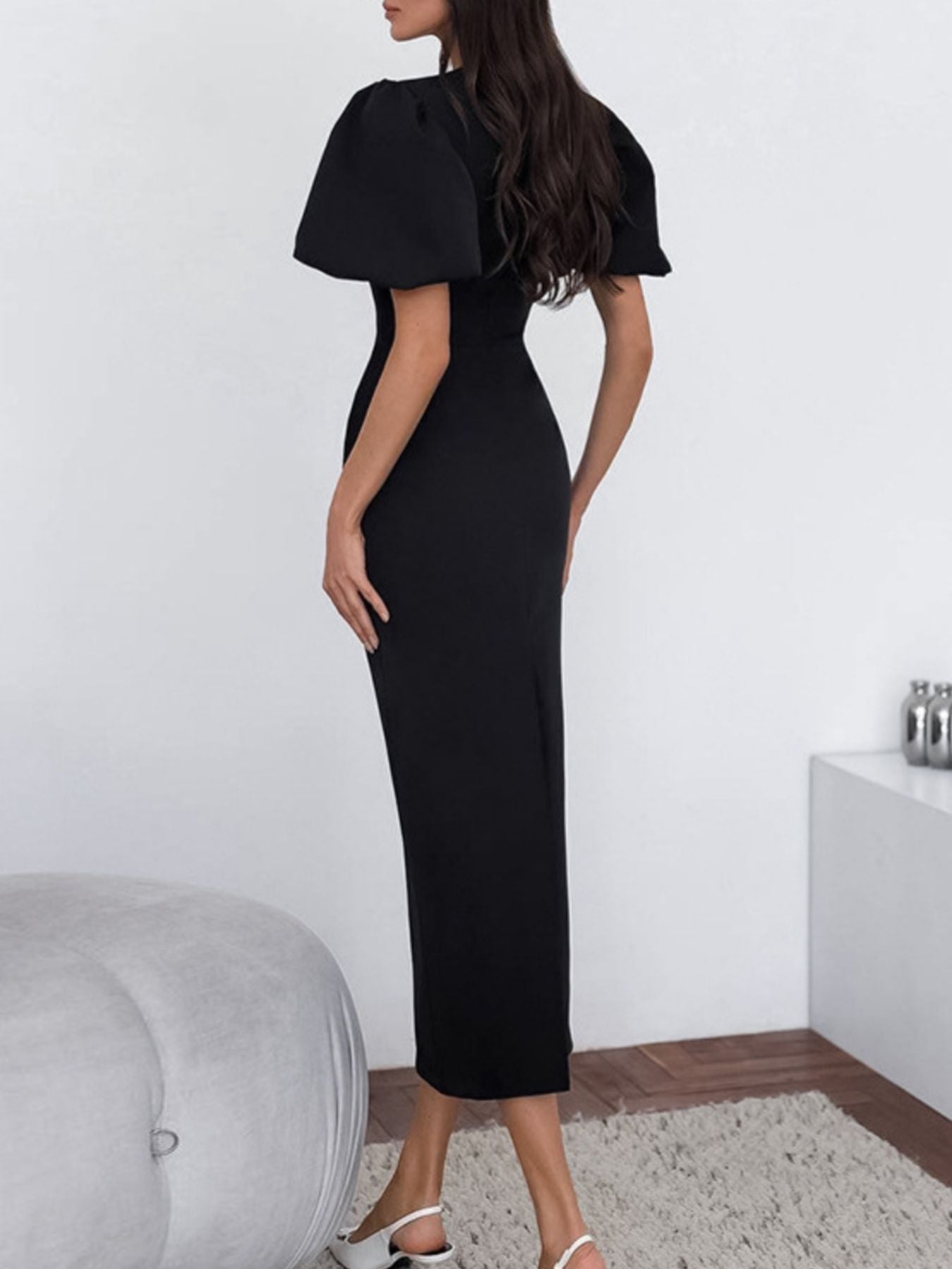 Elegant Cutout Front Puff Sleeve Dress For Formal Occasions