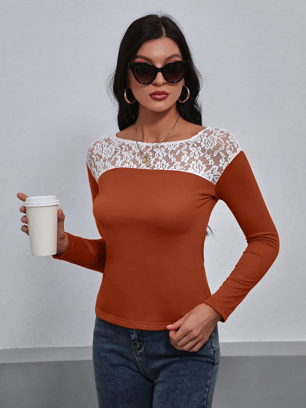 Lace Trim Long Sleeve Round Neck Tee For Casual Wear - Southern Shores Clothing
