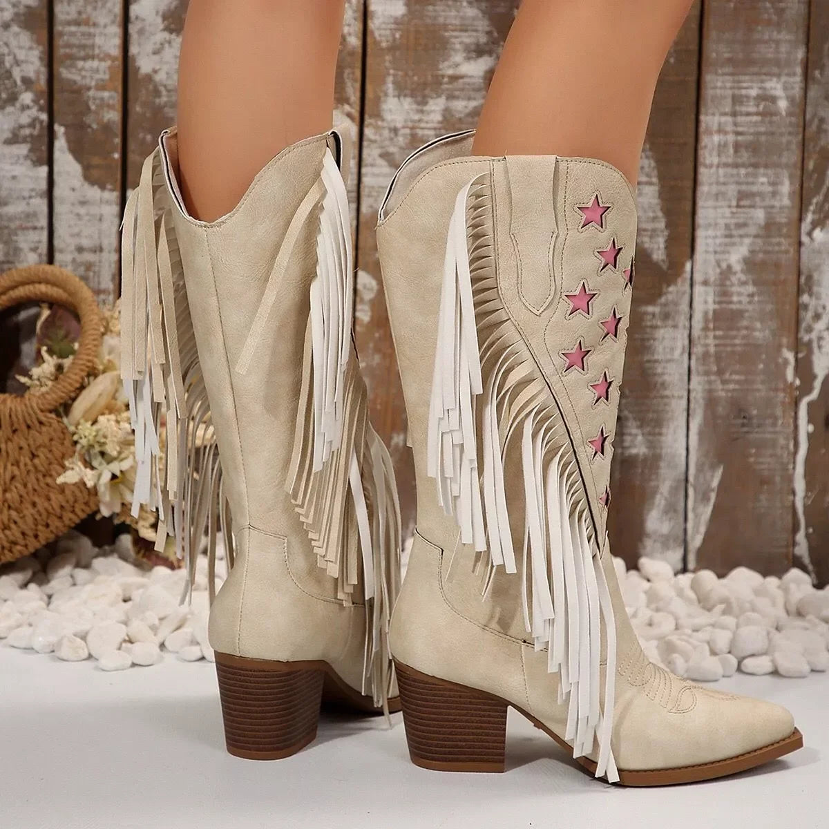Star Fringe Block Heel Suede Ankle Boots