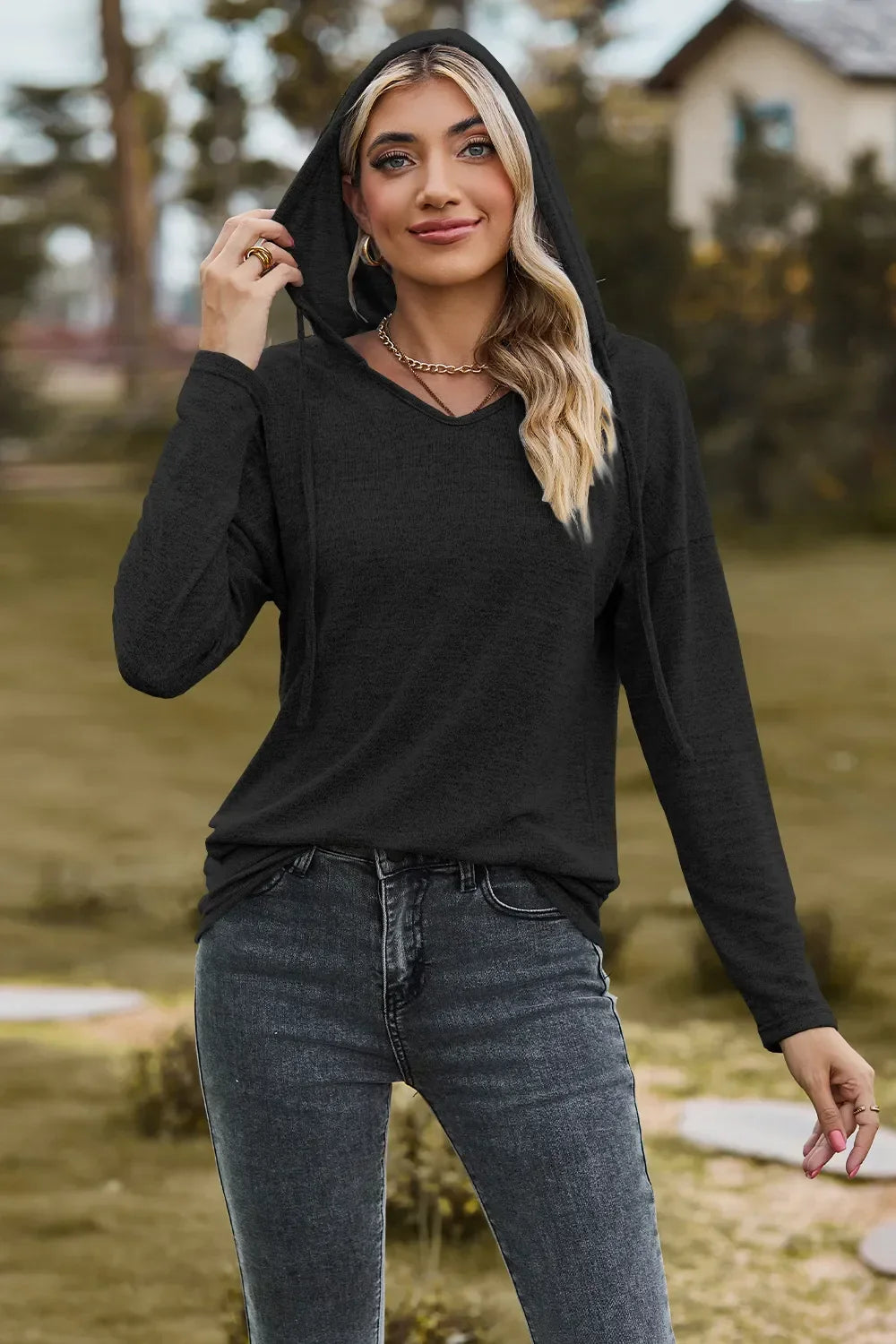 Hooded Drawstring T Shirt With Dropped Shoulder Stretchy - Southern Shores Clothing