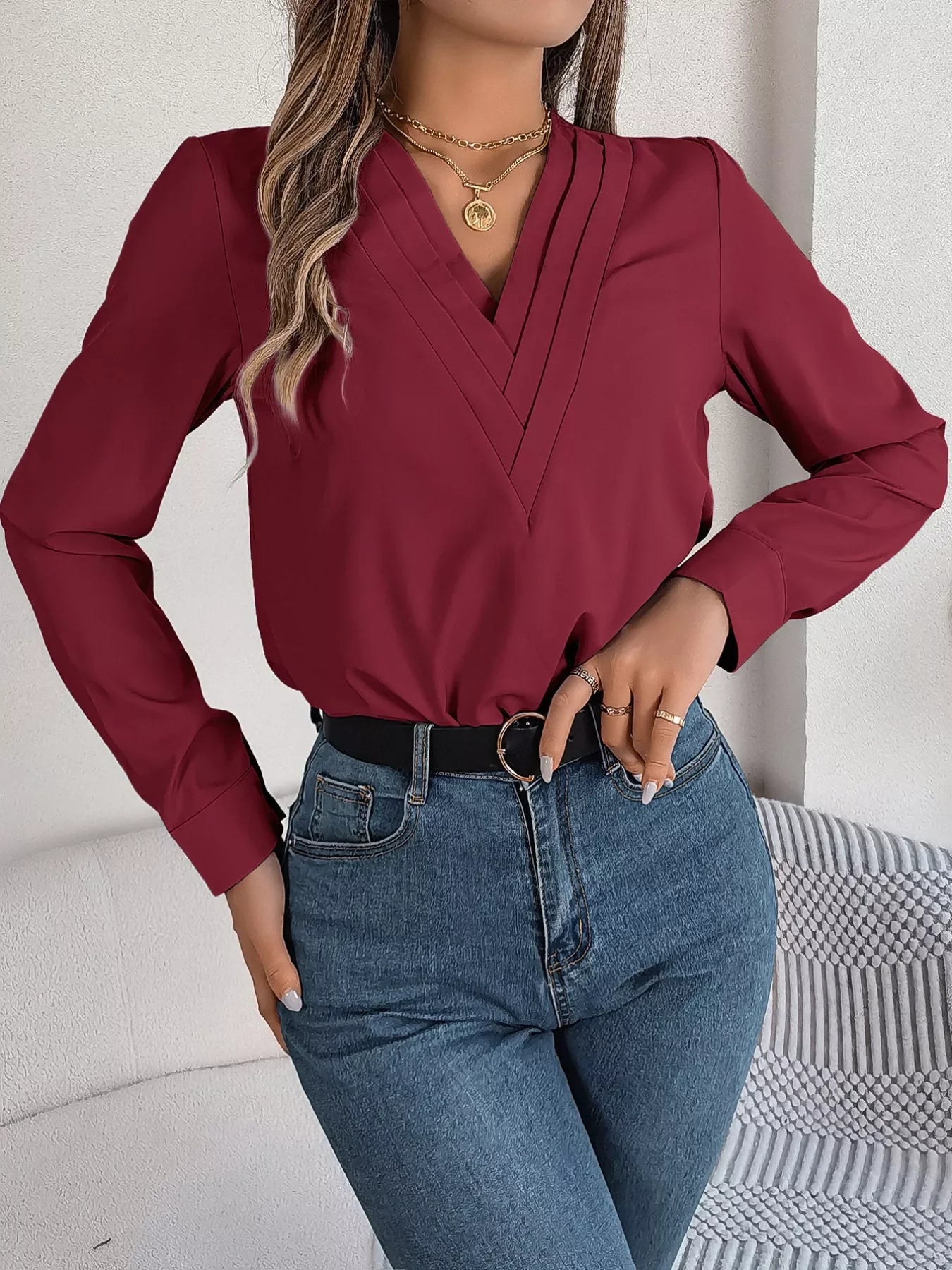 Layered V-Neck Long Sleeve Polyester Blouse - Southern Shores Clothing