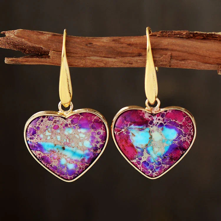 14K Gold-Plated Natural Stone Heart Drop Earrings - Southern Shores Clothing