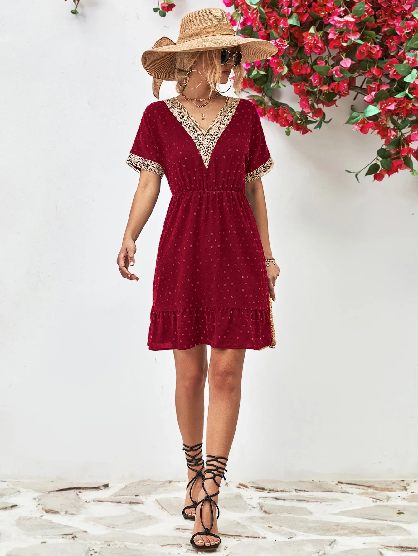 Contrast V-Neck Short Sleeve Mini Dress - Southern Shores Clothing