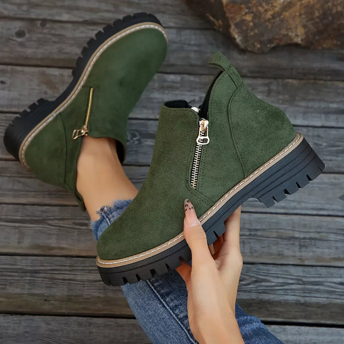 Suede Ankle Boots With Zipper Detail Mid Heel - Southern Shores Clothing