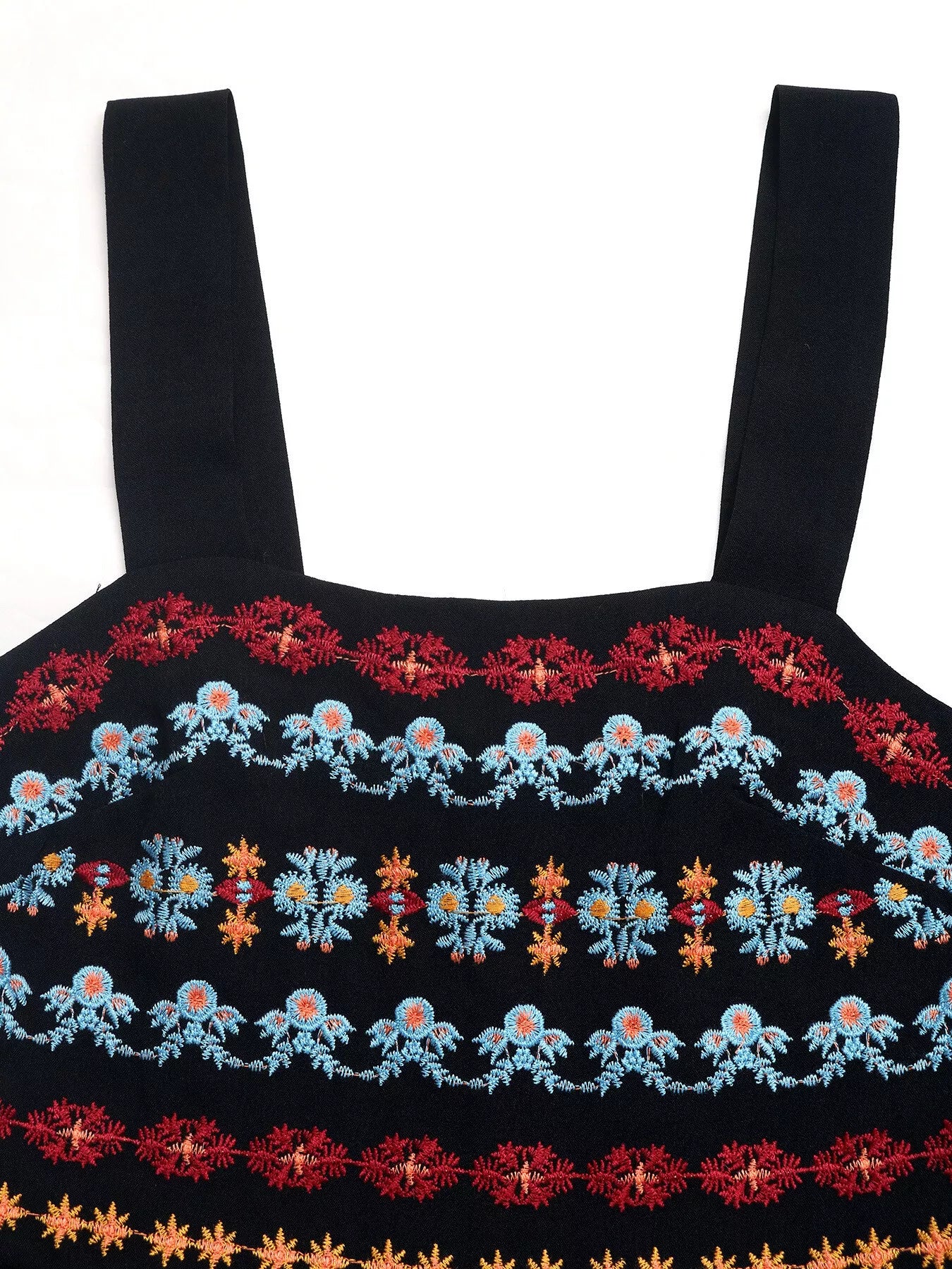 Embroidered Wide Strap Romper With Smocked Bodice