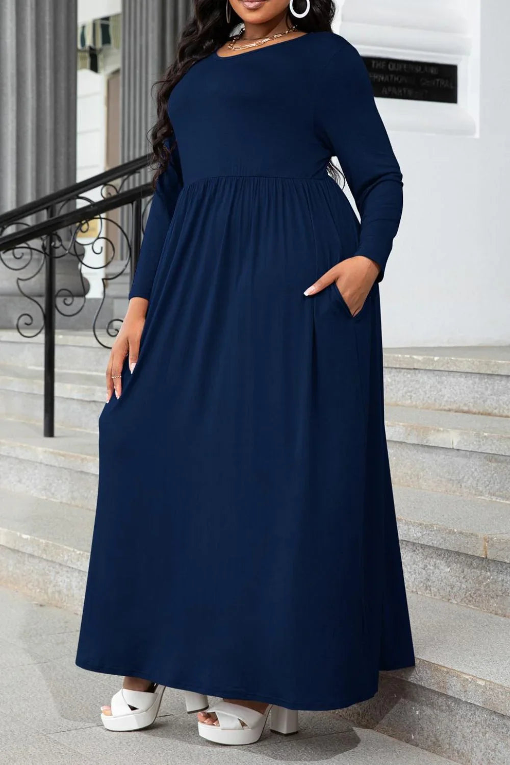 Plus Size Round Neck Long Sleeve Maxi Dress With Pockets - Southern Shores Clothing