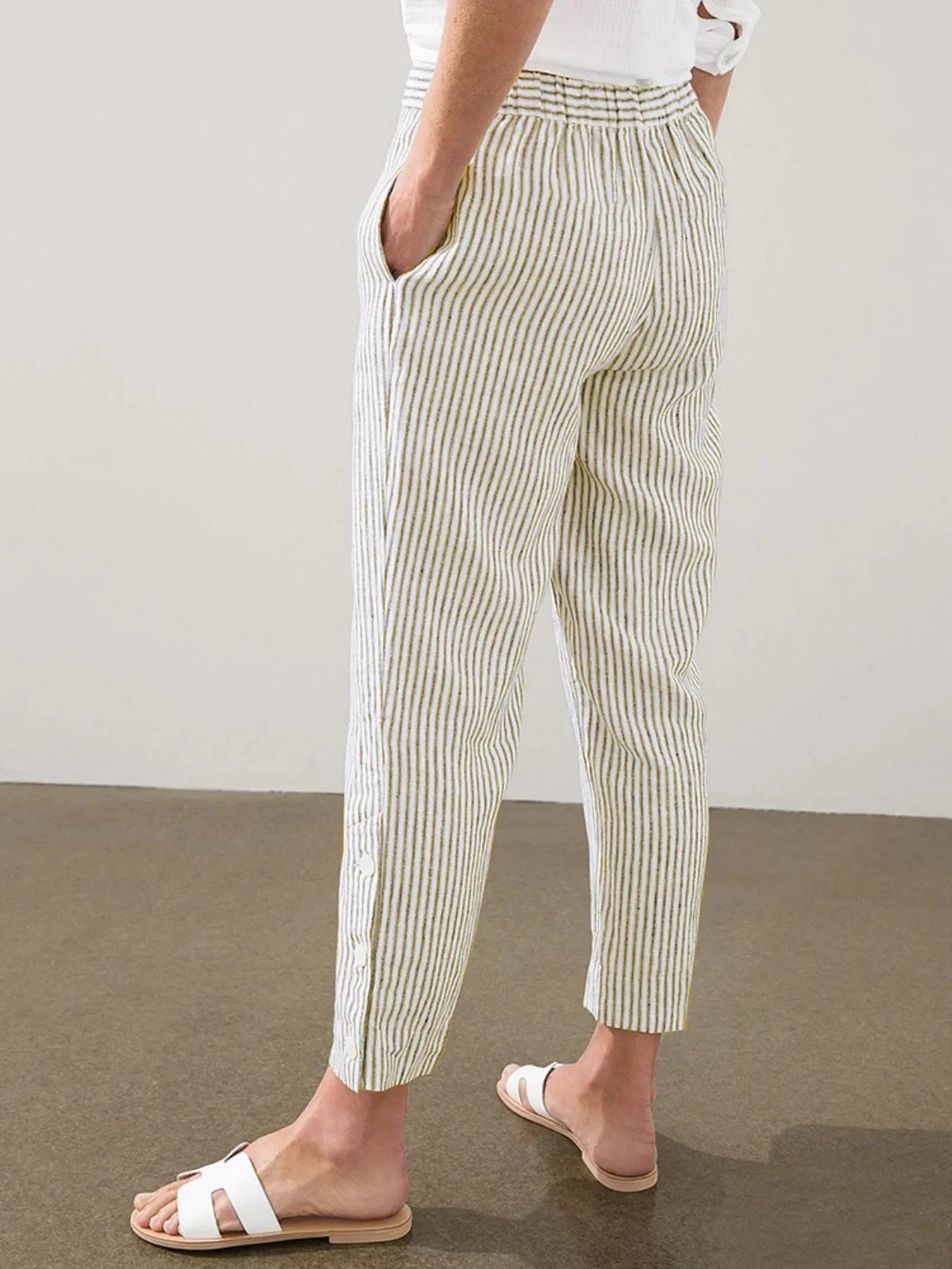 Striped Button Detail Plus Size Pants Coastal Comfort - Southern Shores Clothing