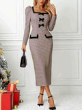 Houndstooth Bow Square Neck Midi Dress Formal - Southern Shores Clothing