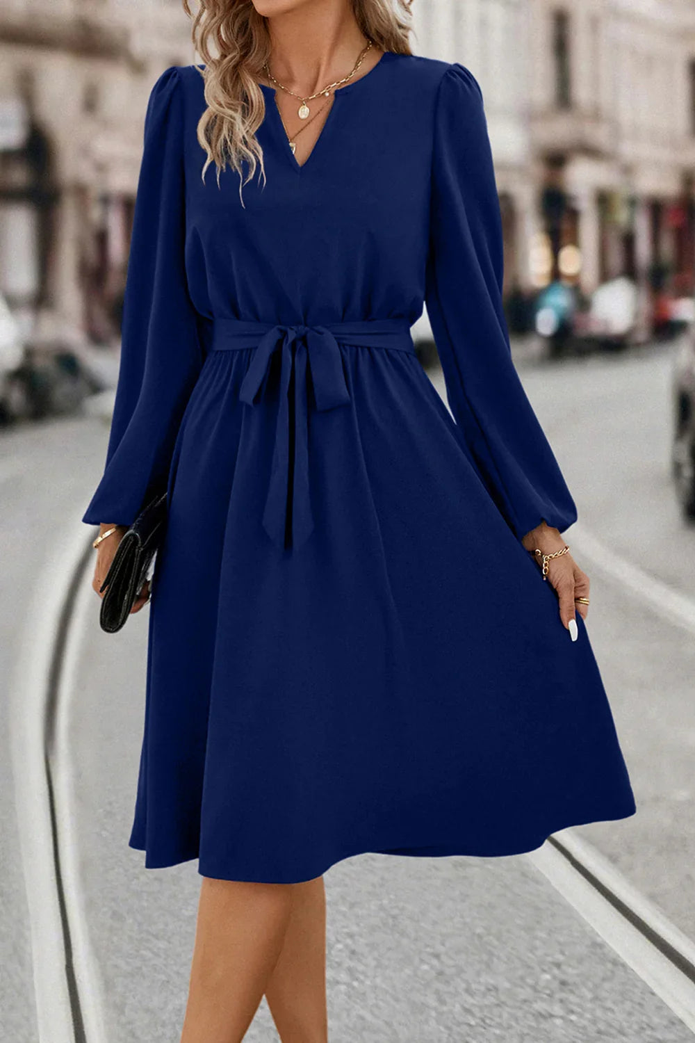 Tie Waist Notched Neck Long Sleeve Dress - Southern Shores Clothing