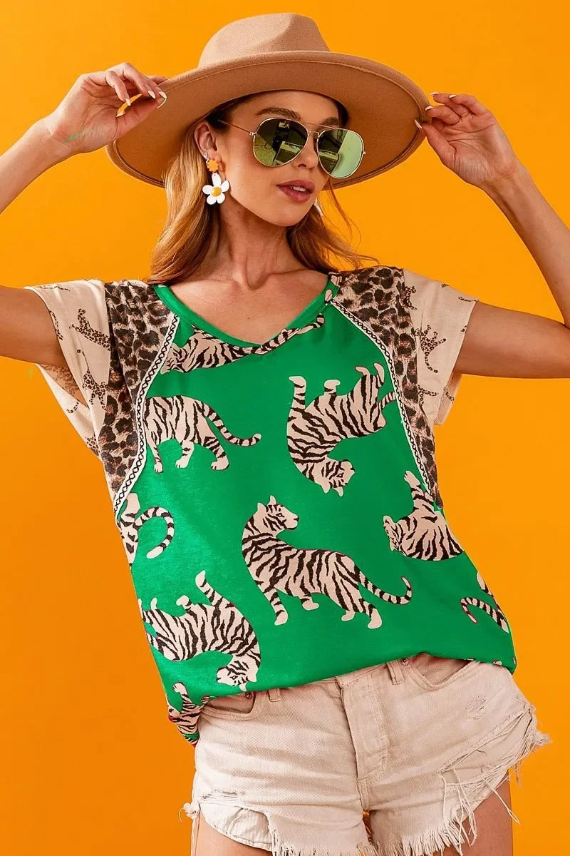 Tiger Print Jersey Block T Shirt With Aztec Trim - Southern Shores Clothing