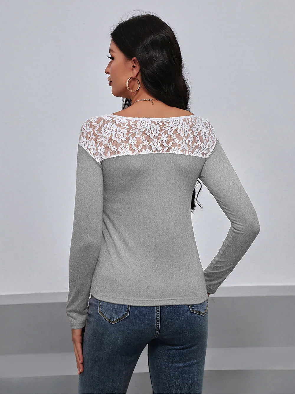 Lace Trim Long Sleeve Round Neck Tee For Casual Wear - Southern Shores Clothing