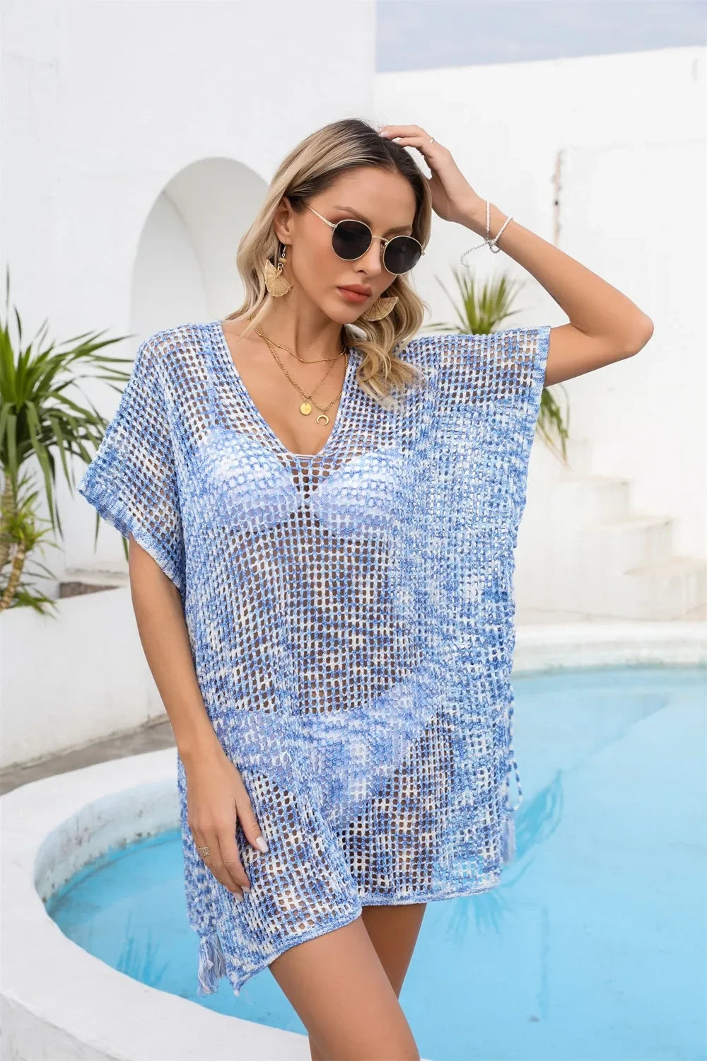 Openwork Slit V Neck Beach Cover Up One Size - Southern Shores Clothing