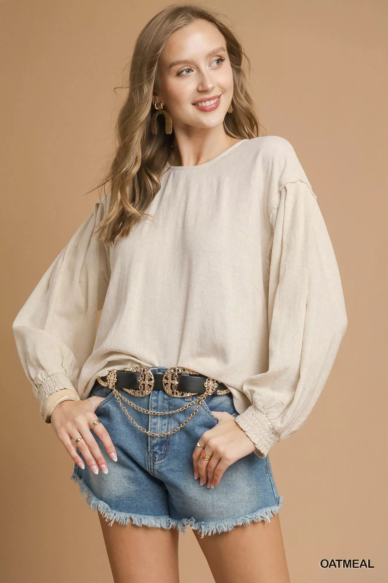Umgee Linen Scallop Hem Long Sleeve Blouse