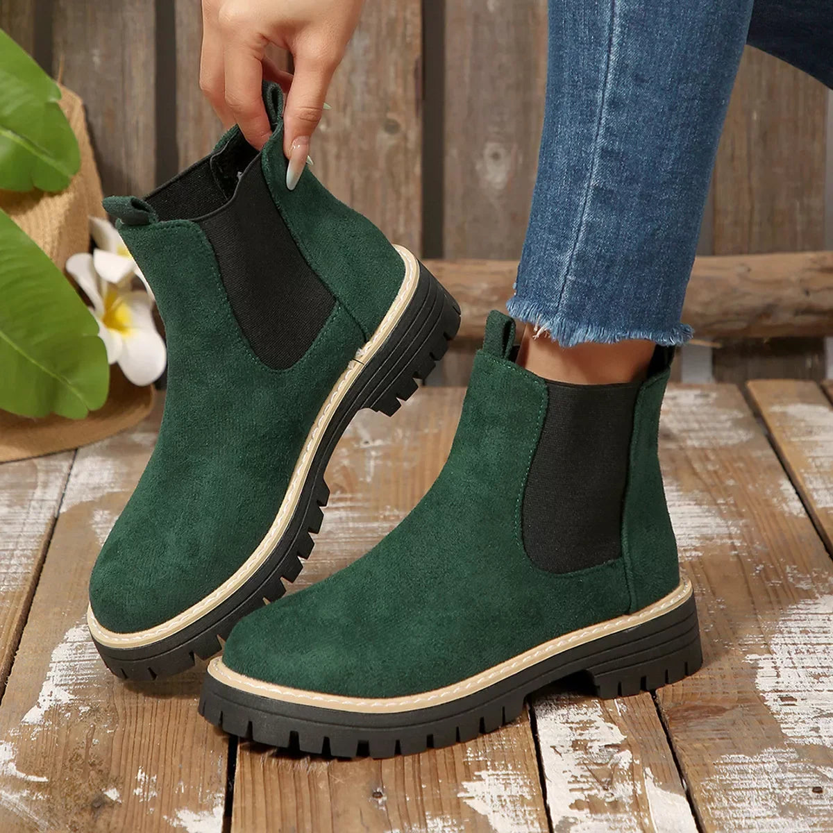 Round Toe Block Heel Boots Suede And Rubber - Southern Shores Clothing