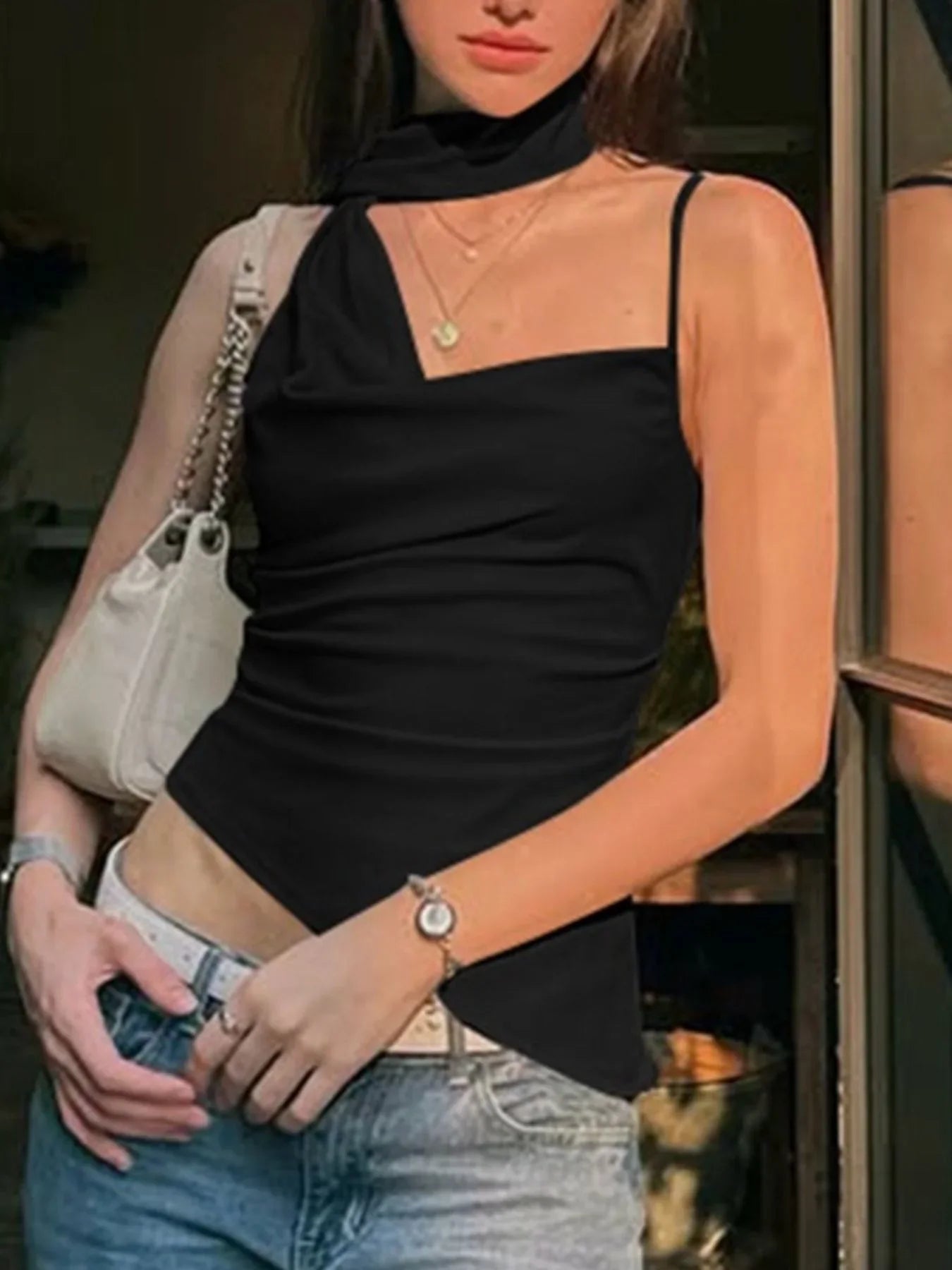 Asymmetrical Neckline Ruched Cami Top With Lightweight Stretch - Southern Shores Clothing