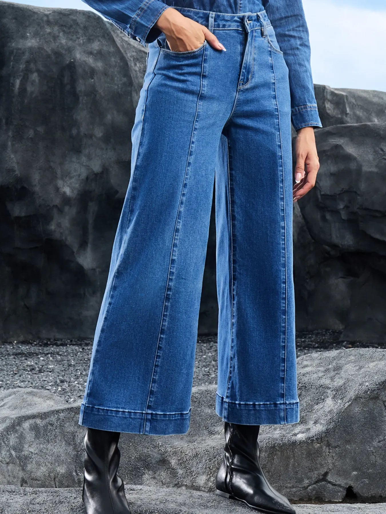 Coastal Seam Detail Flared Bottom Ankle Length Denim Jeans - Southern Shores Clothing