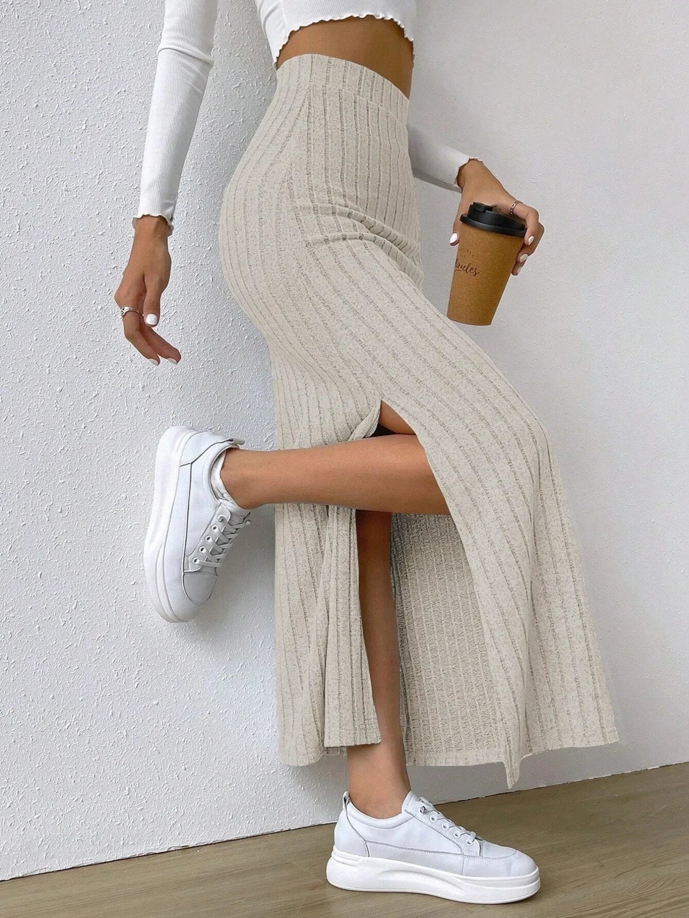 Coastal High Waist Ribbed Knit Maxi Skirt for Women