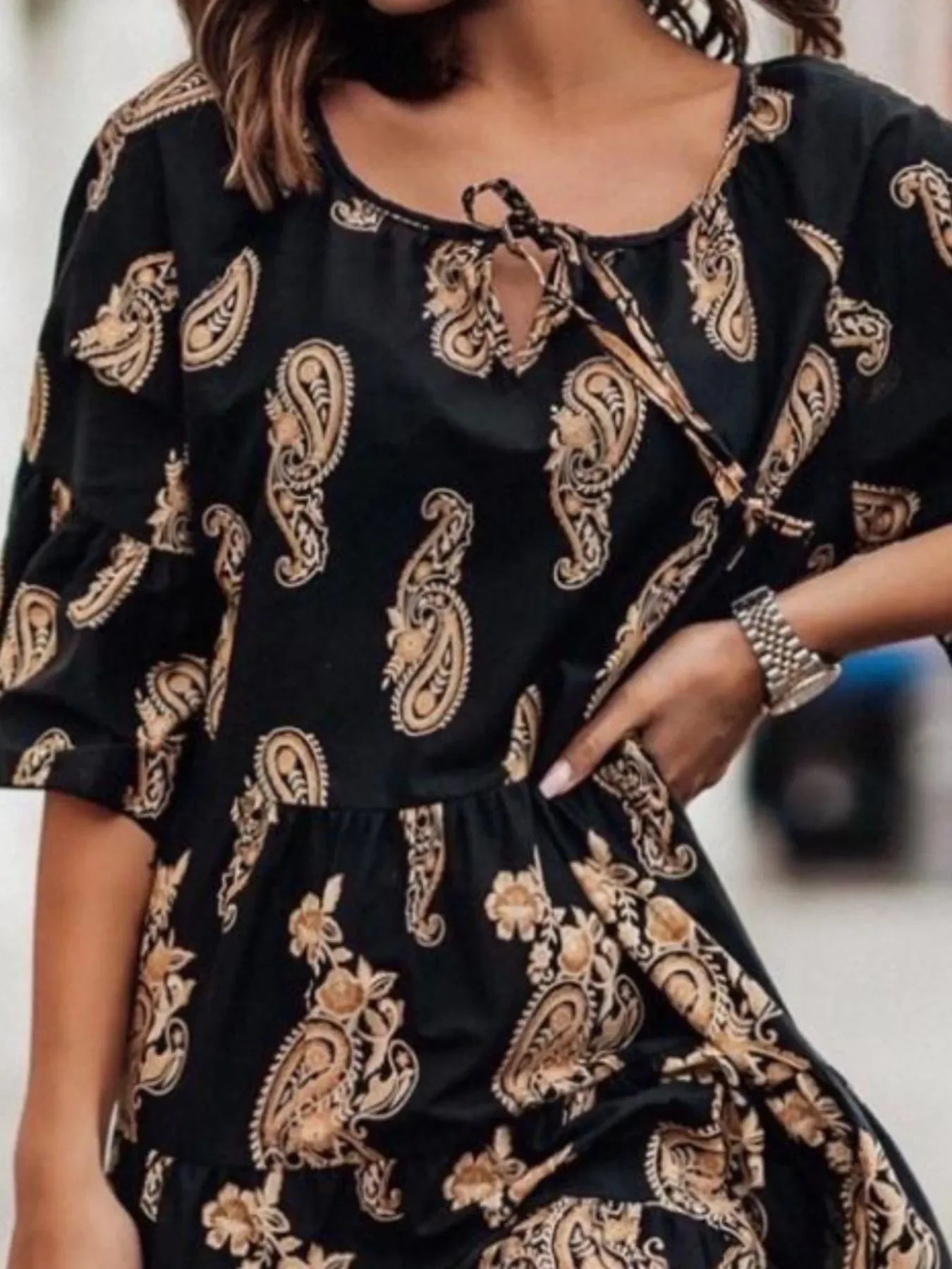 Paisley Print Tie Neck Half Sleeve Mini Dress Casual Everyday - Southern Shores Clothing