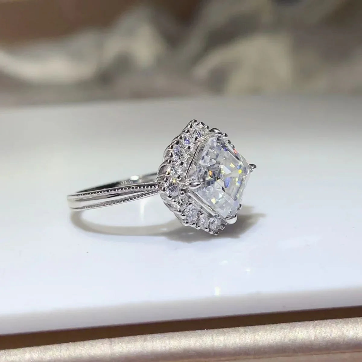 Cushion Cut Moissanite Ring 3 Carat Halo 925 Sterling Silver - Southern Shores Clothing
