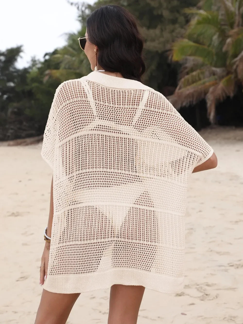 One Size Sheer Hollow Out Collared Neck Cover Up - Southern Shores Clothing