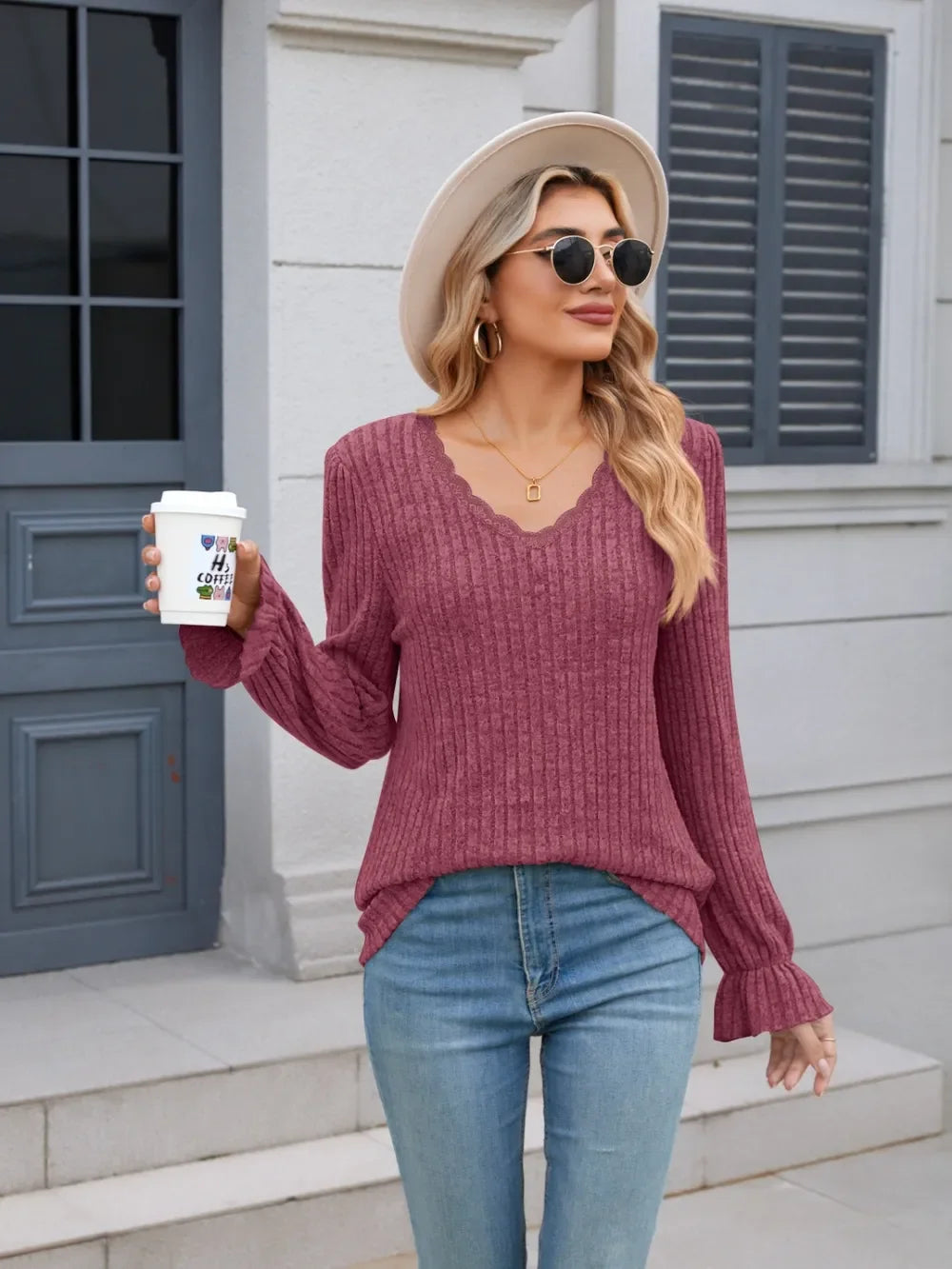Lace Detail V-Neck Long Sleeve T-Shirt - Southern Shores Clothing
