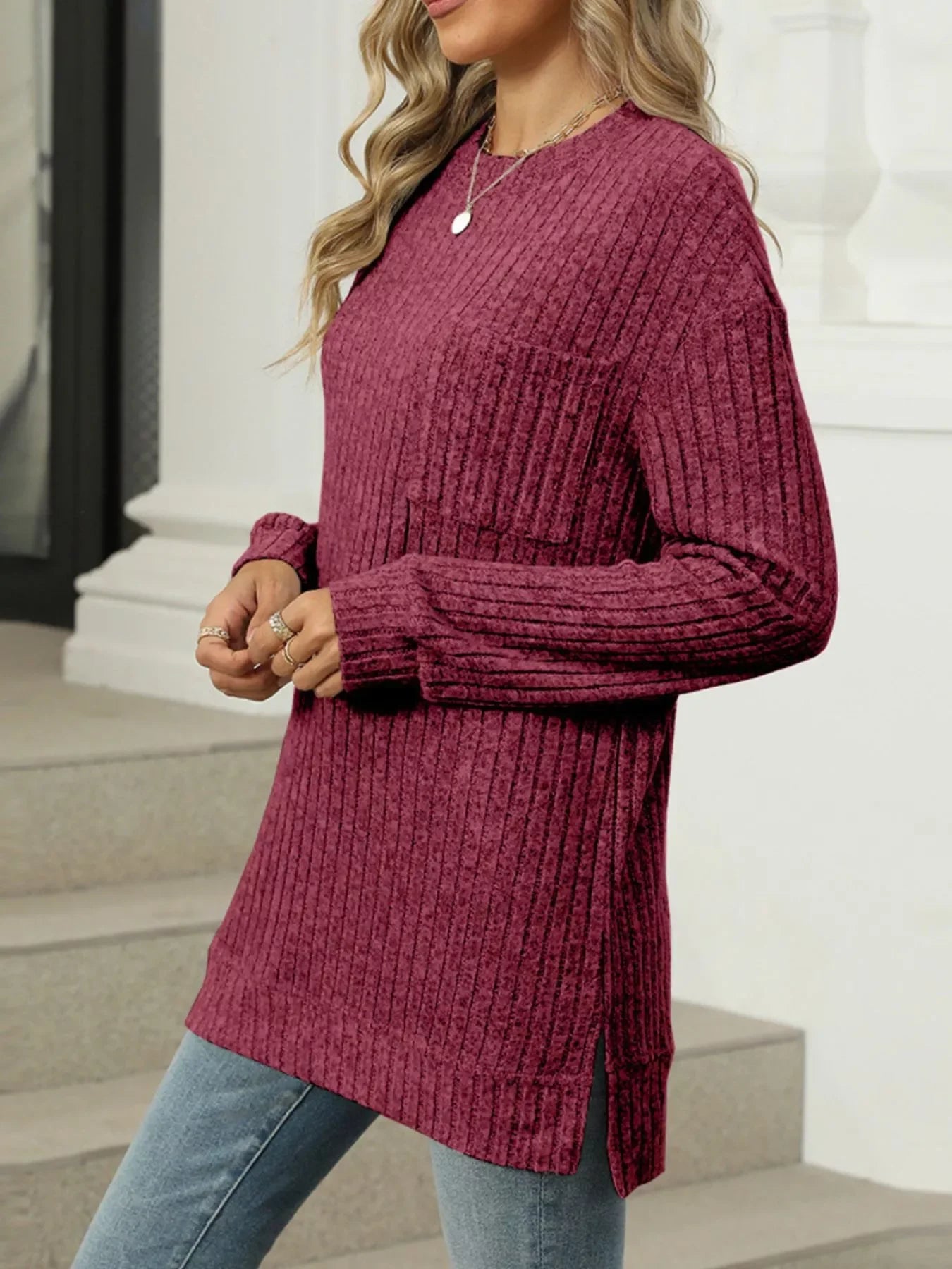Ribbed Knit Round Neck Sweater - Southern Shores Clothing