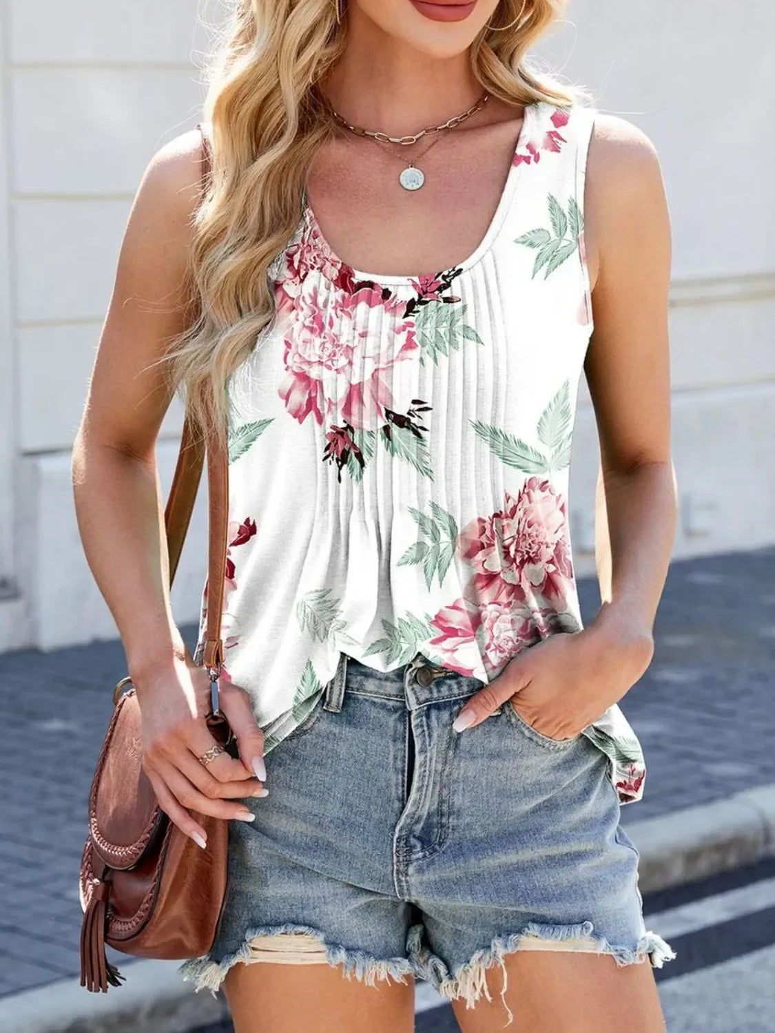 Printed Floral Scoop Neck Wide Strap Tank Top Pleated Details - Southern Shores Clothing